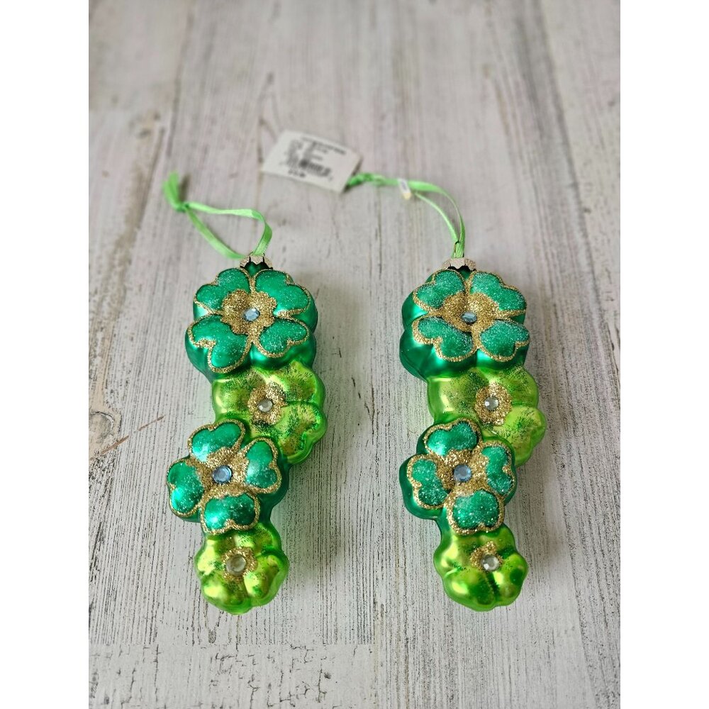 Living quarters glitter shamrock four-leaf clover glass ornament set St Patrick'